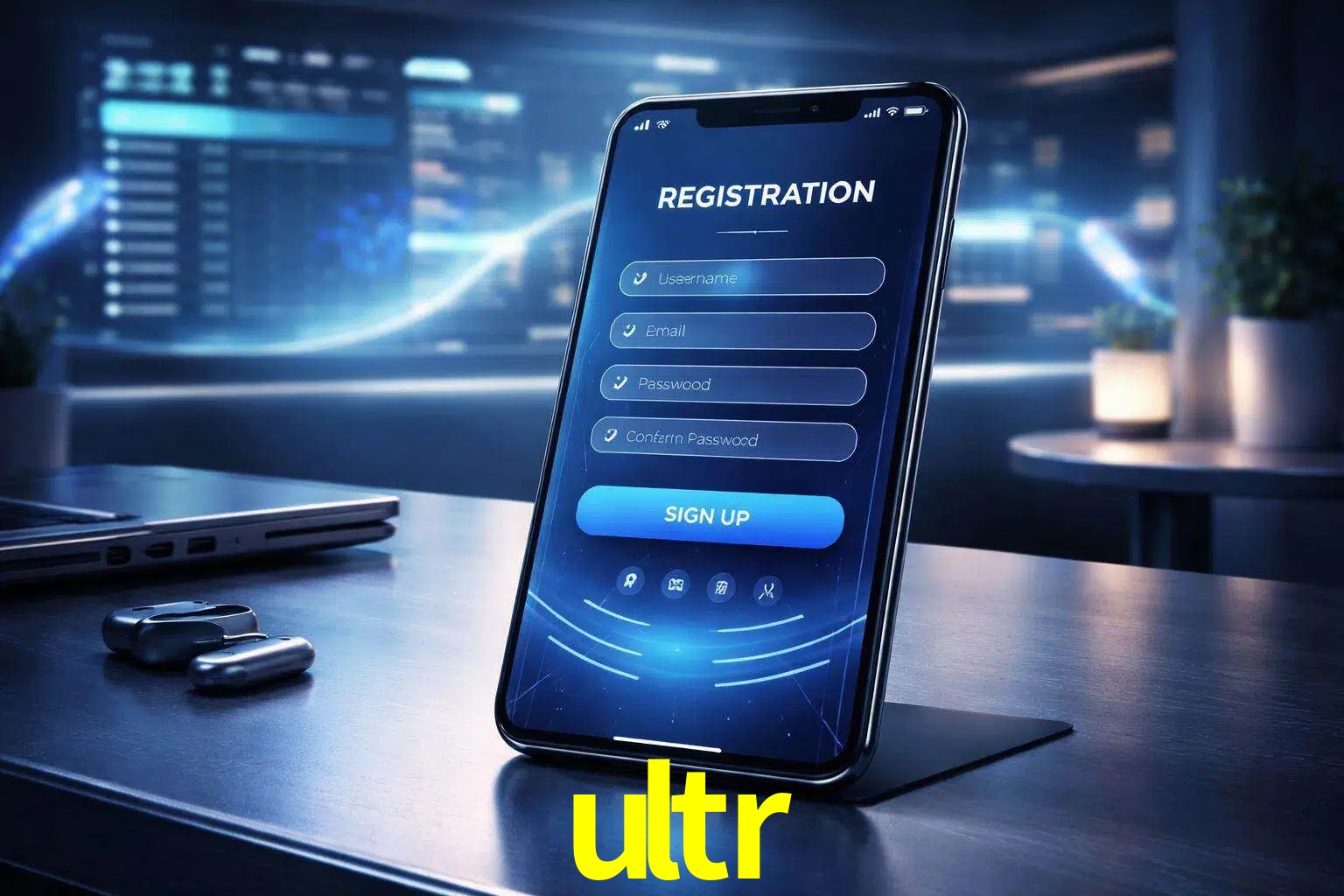 Una interfaz moderna de registro móvil para ultr mostrada en un smartphone con un panel de apuestas elegante.
